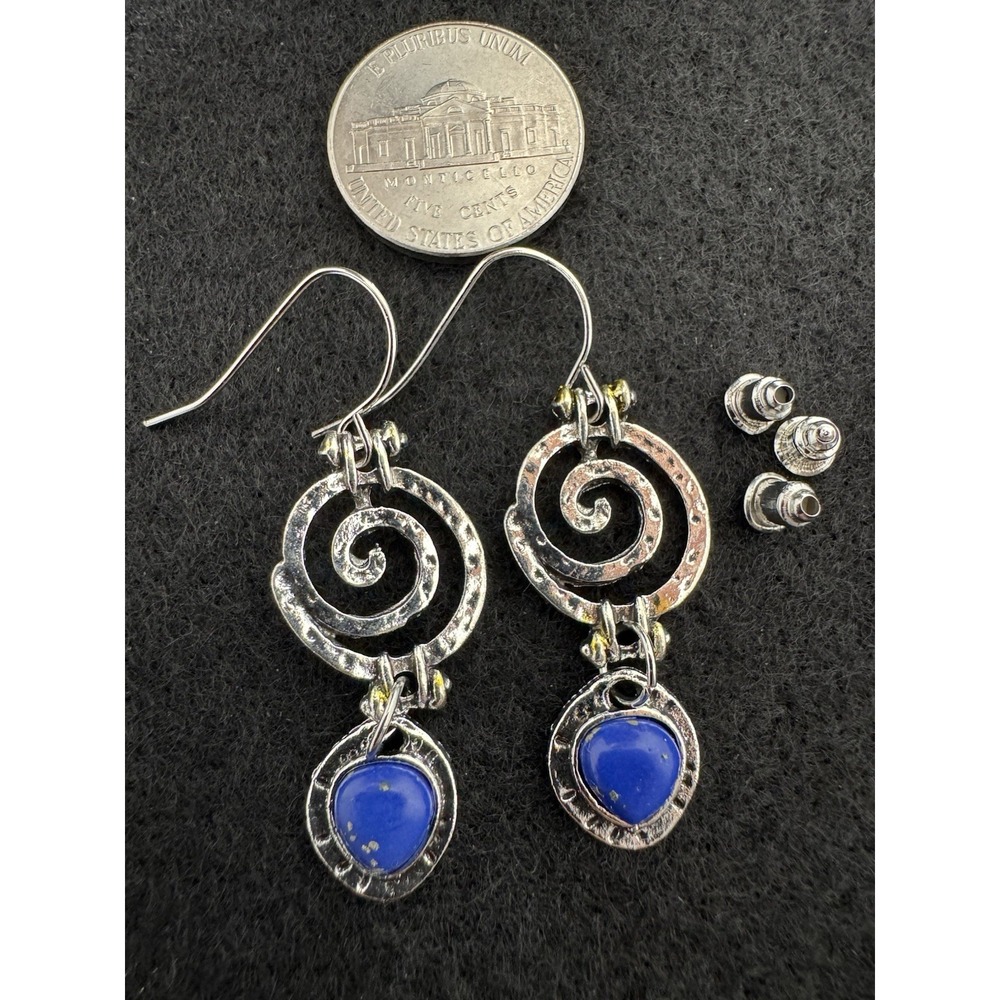 Blue Faux Lapis Spiral Dangle Earrings Hammered Silver Tone Hooks NEW